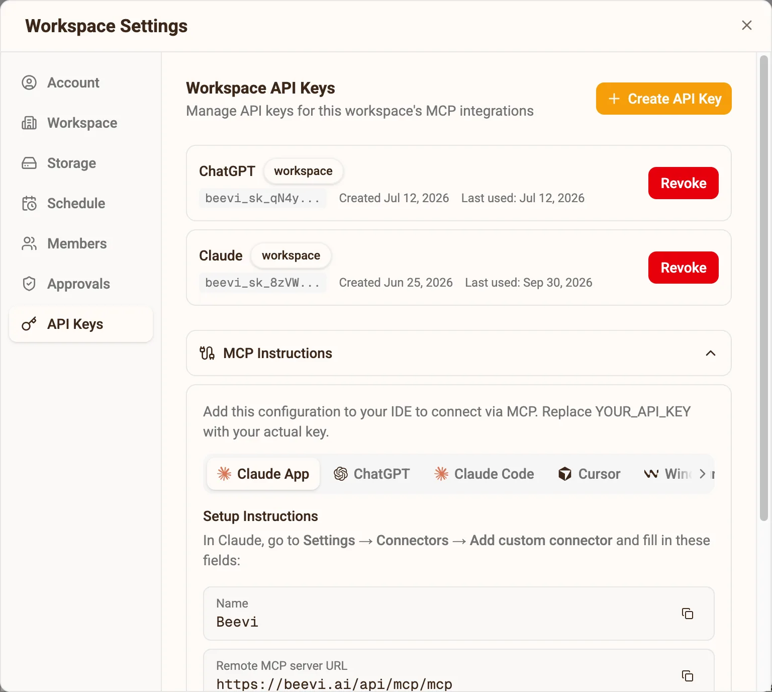 Beevi workspace settings, API Keys tab, with the Create API Key button