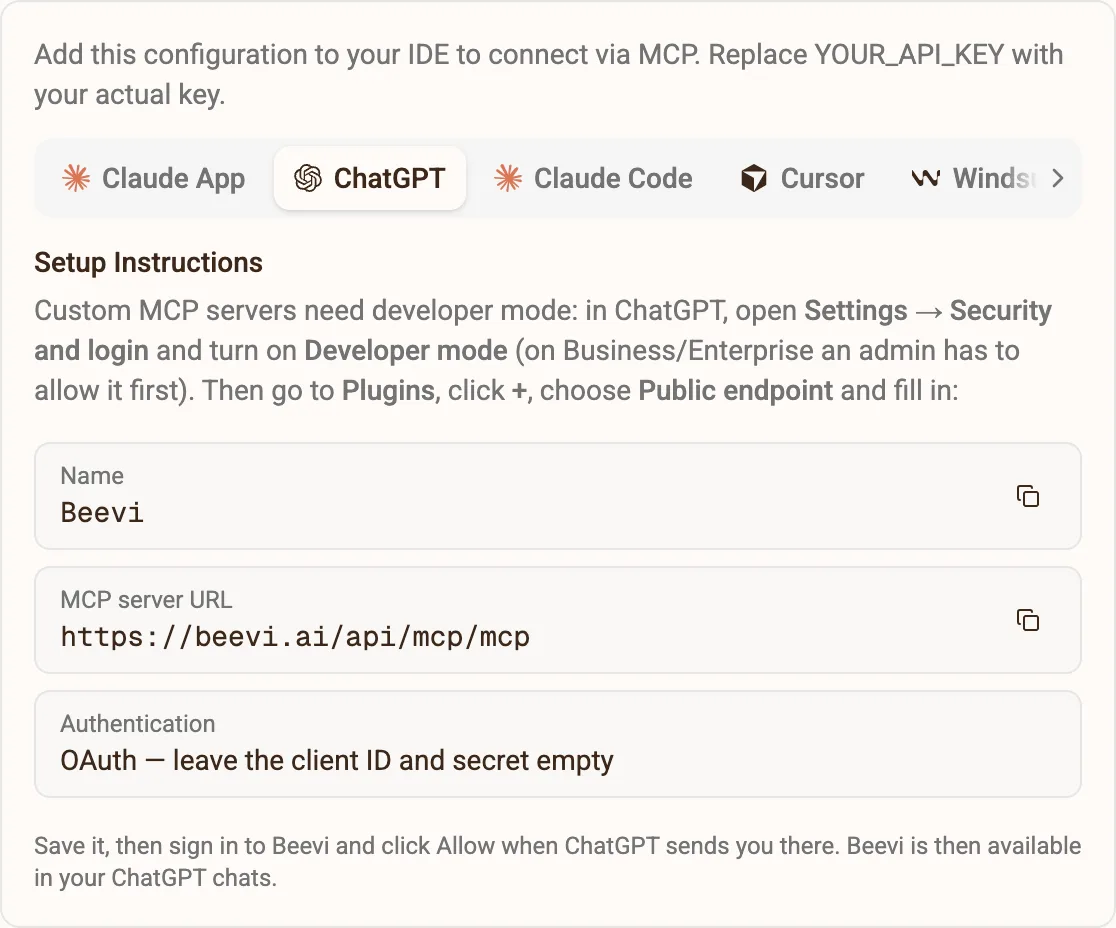 Beevi’s ChatGPT setup values: name, MCP server URL and OAuth sign-in
