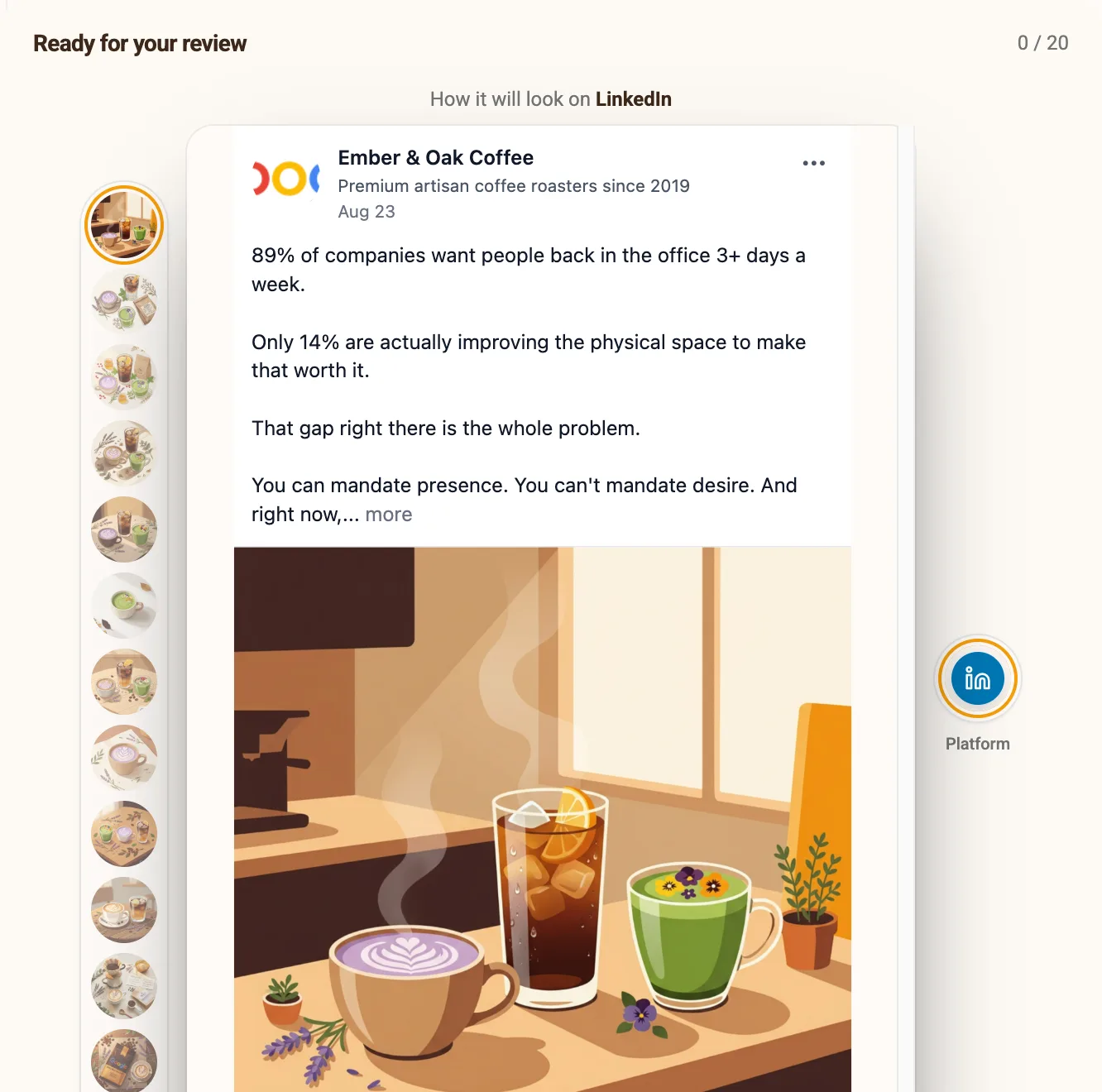 Drafts waiting in Beevi’s Ready for your review queue