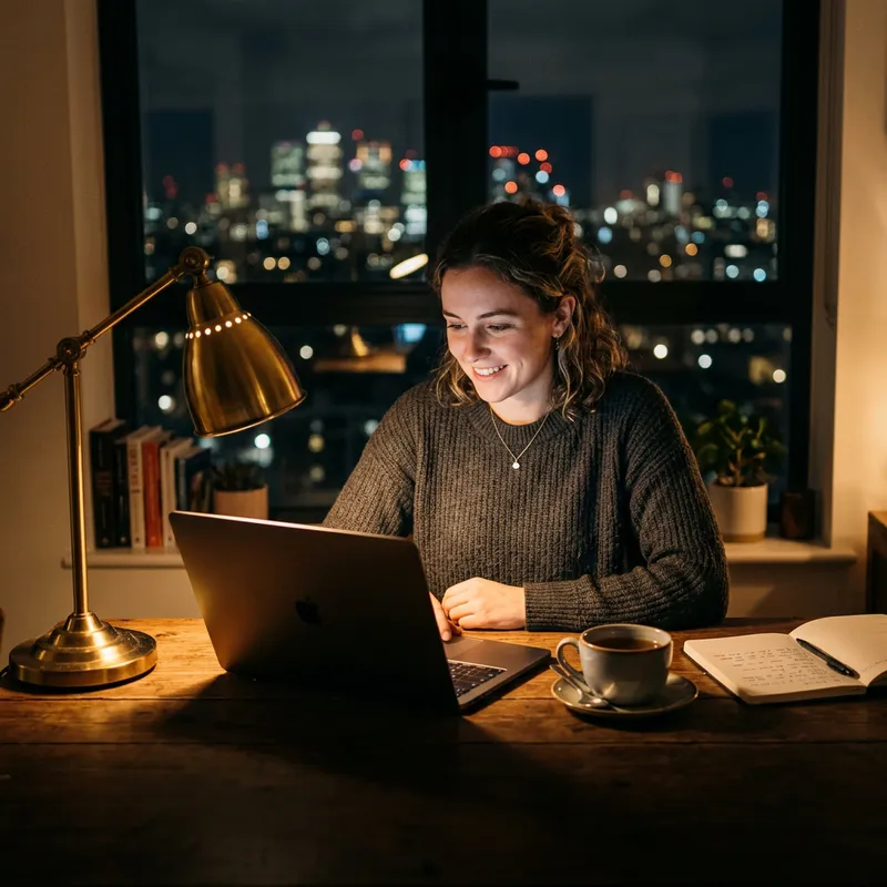 A founder smiling at her laptop at a kitchen table late at night