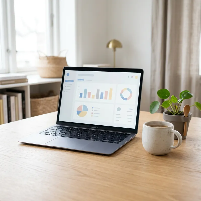 A laptop showing an invoicing dashboard on a light oak desk