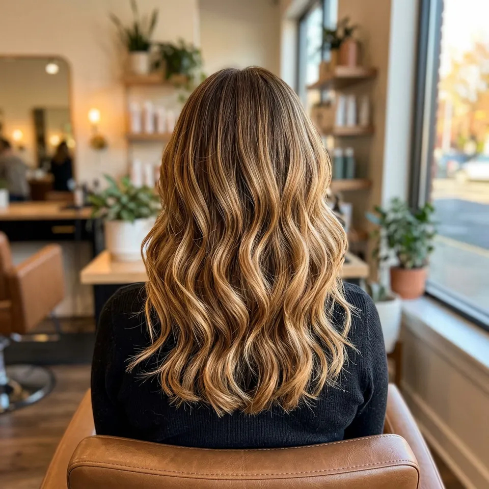 Soft honey balayage waves seen from behind