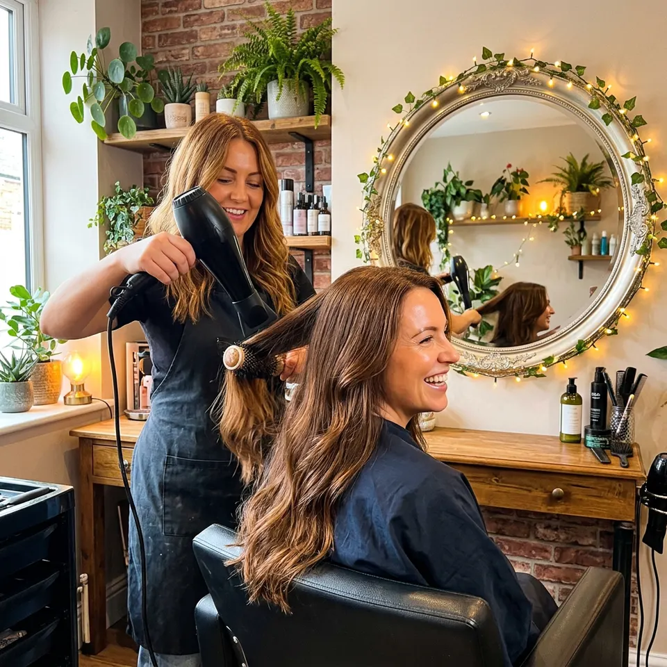 A stylist blow-drying a smiling client’s long hair