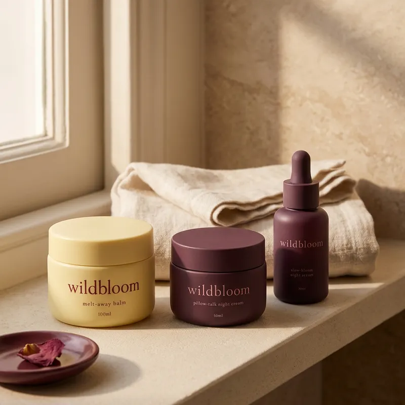 Wildbloom balm, night cream and serum on a sunlit windowsill