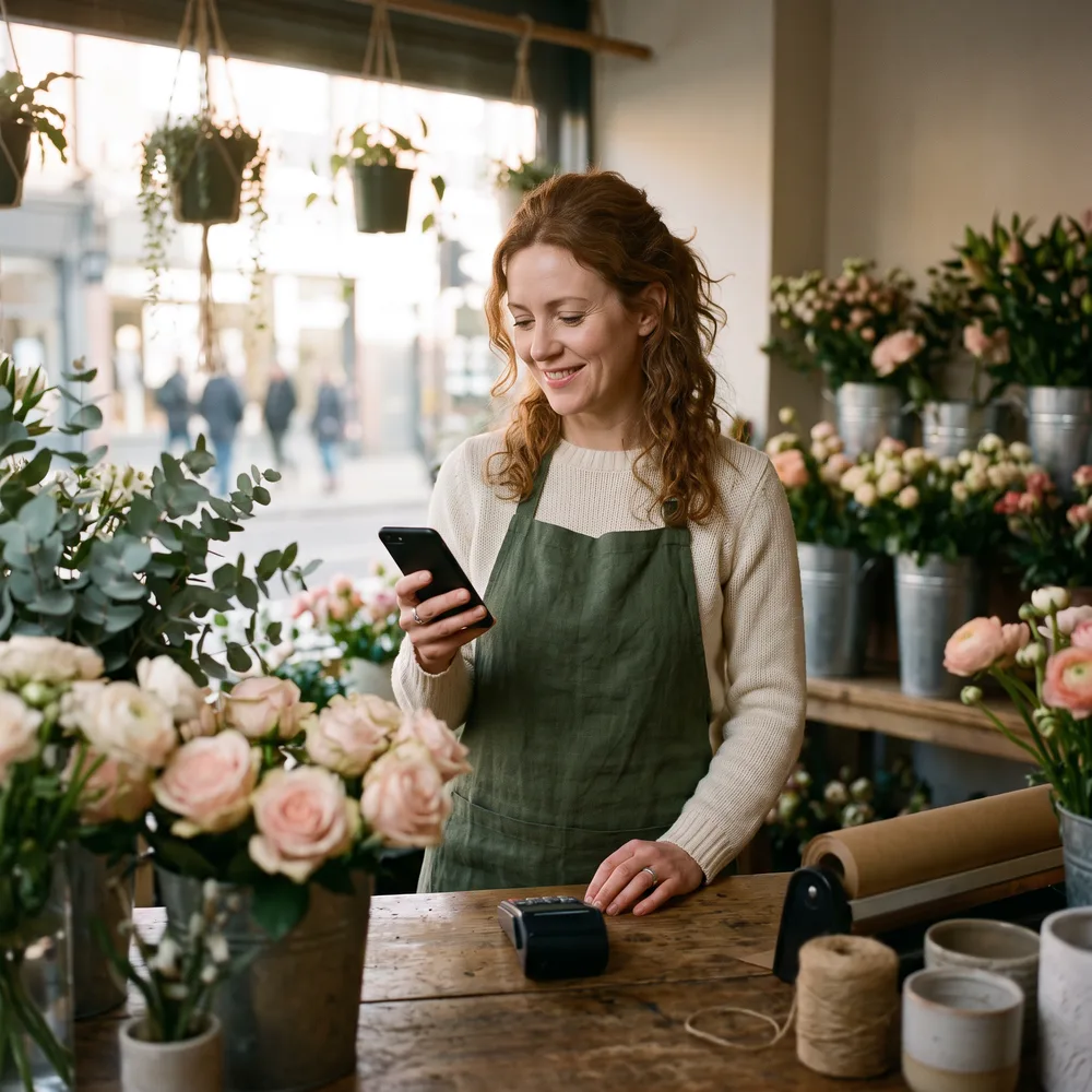 A small business owner checking their phone while Beevi handles the social media posting
